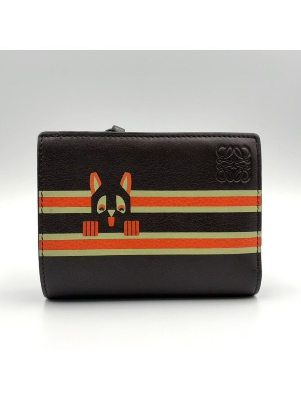 Loewe Futurist Cat Compact Leather Orange Dark Brown Wallet Silver